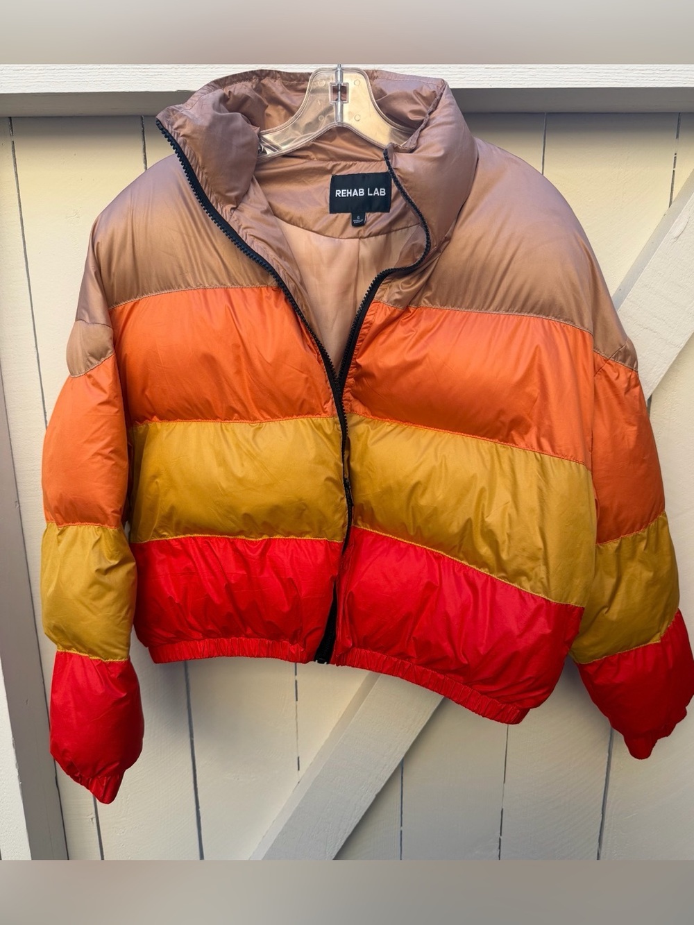 Rehab Lab Women's Colorblock Puffer Jacket in Red, Orange & Gold size S